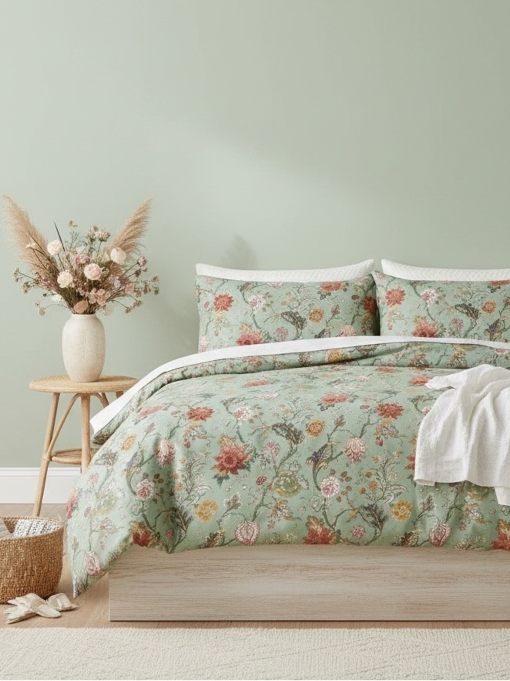 NEW Anthro Green Floral Queen / King Size Boho Comforter Bedding & Sham Case Set